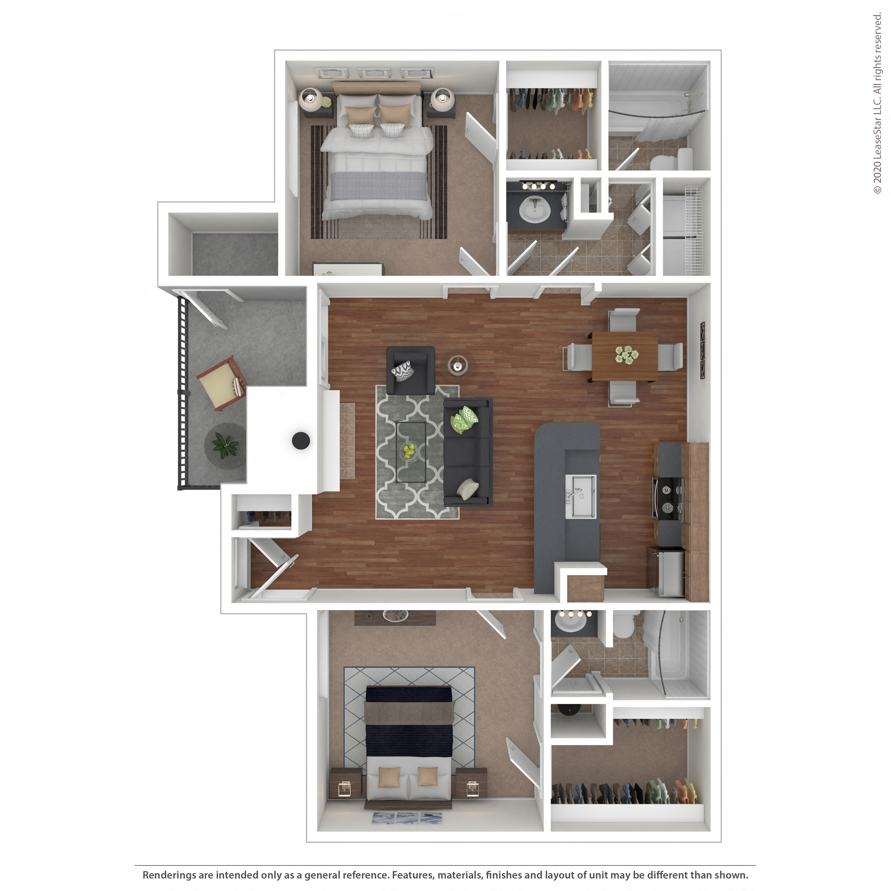 Floor plan for 2 beds, 2 baths, 965 sqft